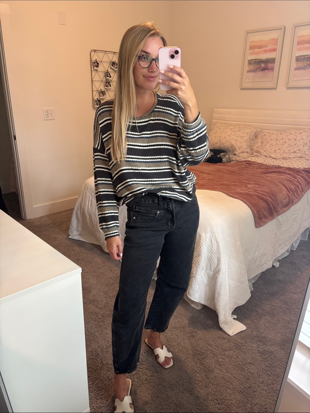 Lush Striped Crewneck Sweater in Black, Olive and Cream